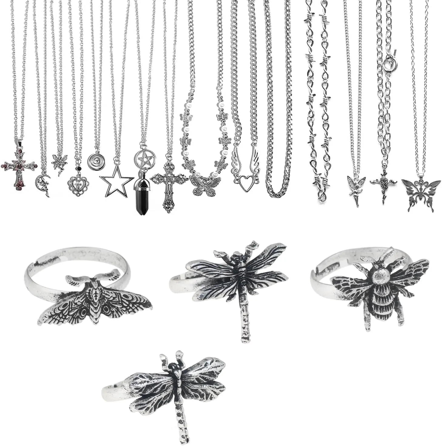 GuoShuang 19pcs Silver y2k necklace for women goth fairy grunge necklace alt cute y2k choker cross bufferfly heart angle jewelry set rings indie fairy grunge accessories