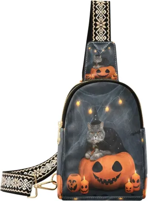 Halloween Cat Witch Fanny Pack Crossbody PC Leather Small Sling Bag for Women Jack-o-lantern Face Fashion Waist Packs Chest Bag for Travel Sports Running Hiking