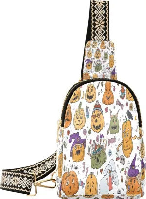 Halloween Pumpkins Gosts Fanny Pack Crossbody PC Leather Small Sling Bag for Women Clip Art Fashion Waist Packs Chest Bag for Travel Sports Running Hiking