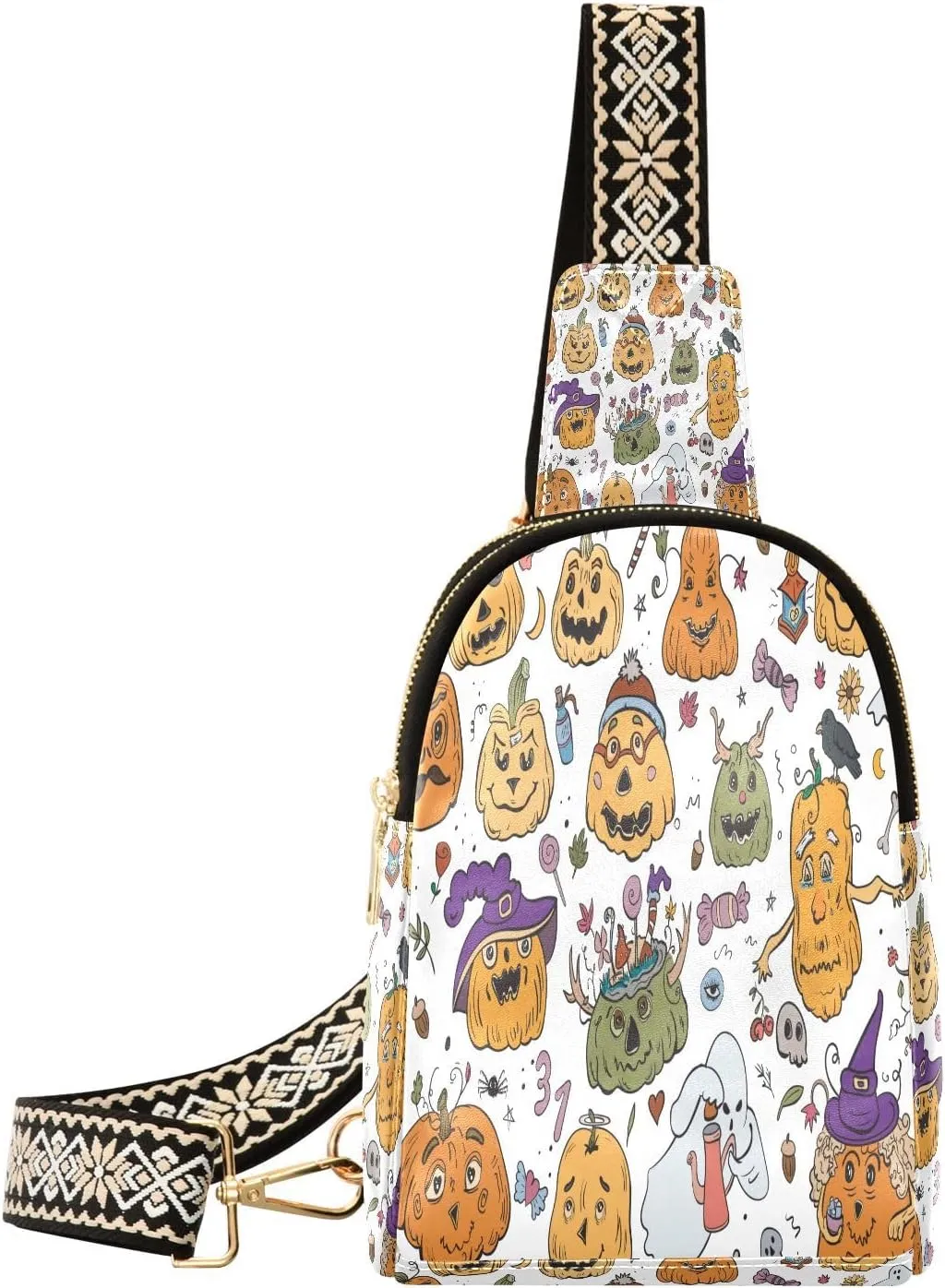 Halloween Pumpkins Gosts Fanny Pack Crossbody PC Leather Small Sling Bag for Women Clip Art Fashion Waist Packs Chest Bag for Travel Sports Running Hiking