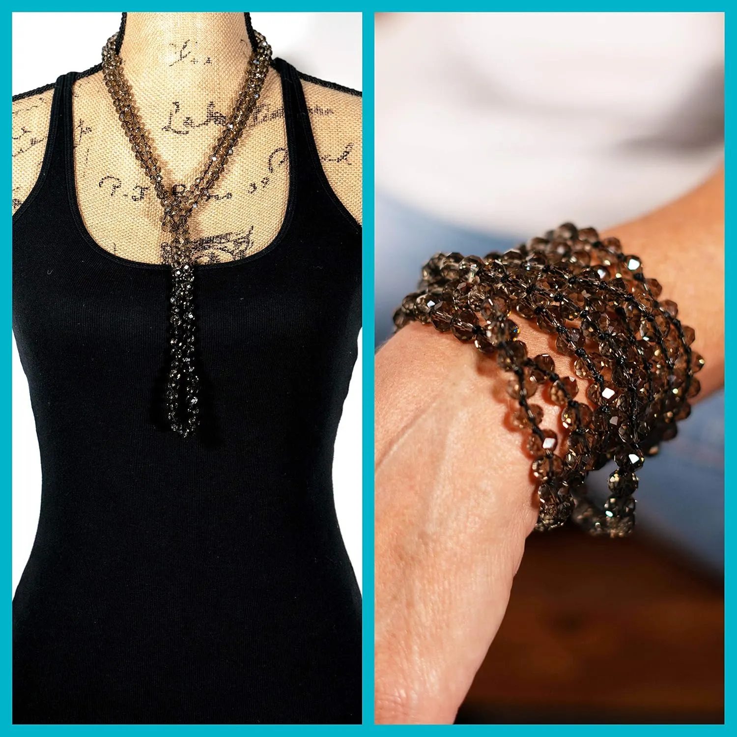 Hand Knotted Faceted Beaded Necklace-Long Boho Crystal Wrap, Strand or Statement Necklace for Women 60 inch