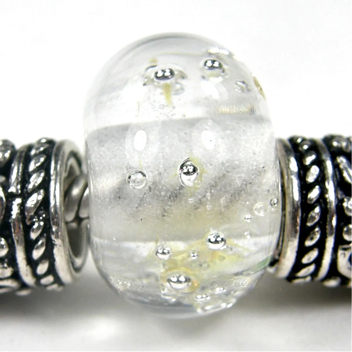 Handmade Large Hole Lampwork Beads, Glass Bracelet Bead, Clear Fine Silver Shiny