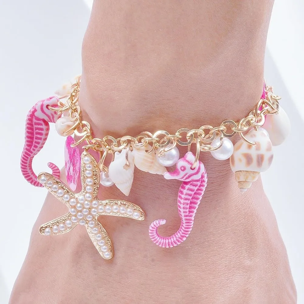 Handmade Starfish Seashell Pearl Bracelets for Women Gold Plated Bohemian Charm Sea Shell Couch Beads Adjustable Chain Anklet Bracelets Hawaiian Beach Holiday Mermaid Costume Jewelry Gifts