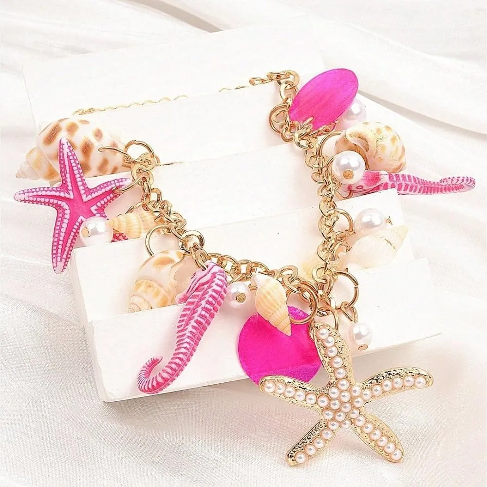 Handmade Starfish Seashell Pearl Bracelets for Women Gold Plated Bohemian Charm Sea Shell Couch Beads Adjustable Chain Anklet Bracelets Hawaiian Beach Holiday Mermaid Costume Jewelry Gifts