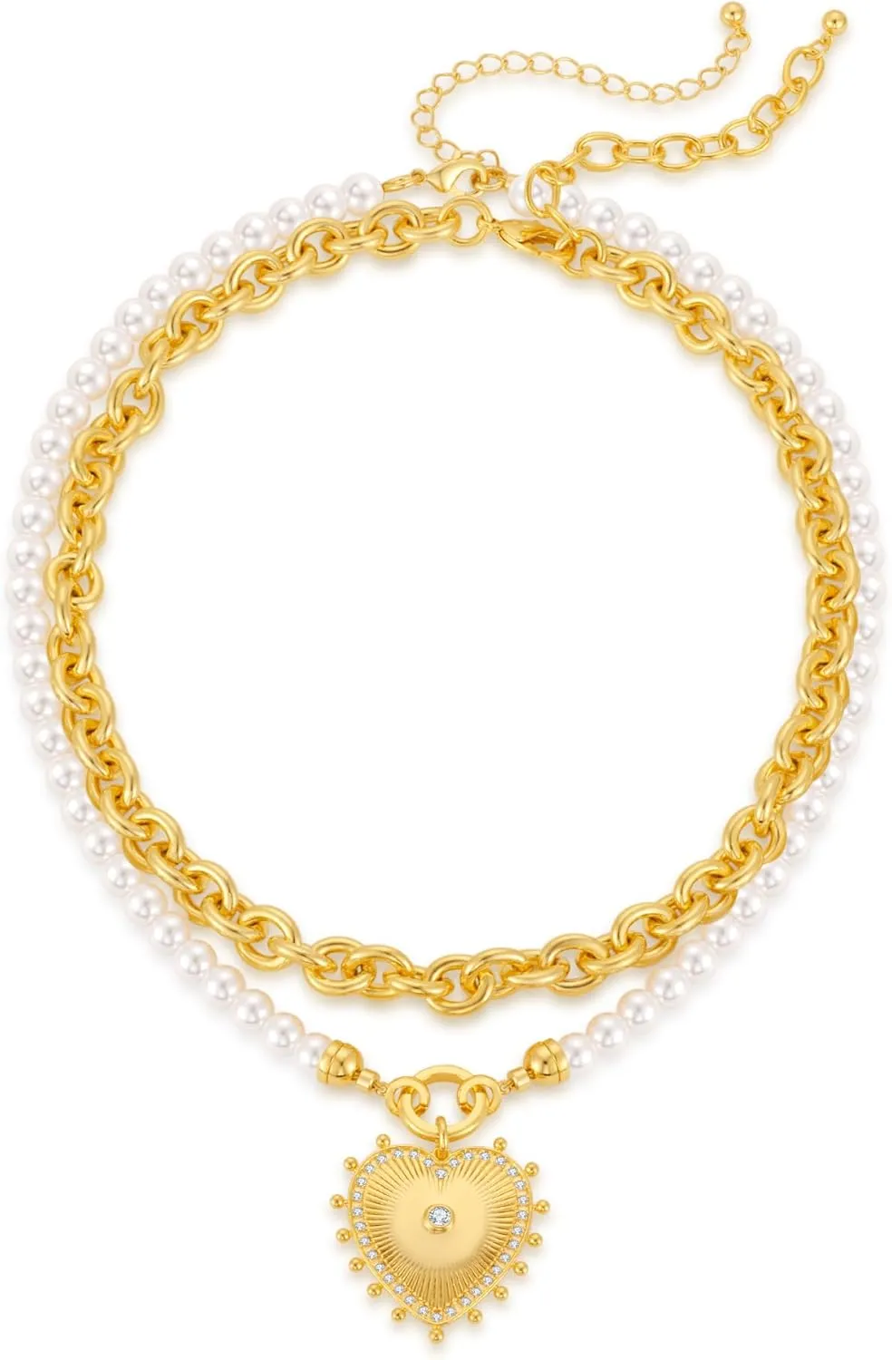 Heart Layered Necklaces for Women Pearl Strand Necklace with Heart Pendant Chunky Gold Chain Necklaces