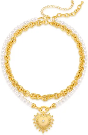 Heart Layered Necklaces for Women Pearl Strand Necklace with Heart Pendant Chunky Gold Chain Necklaces
