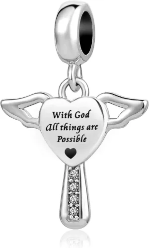 Heart Love God Bible Cross Charm fits Pandora Charms Bracelets Engraved Guardian Angel Jewelry for Women Birthday