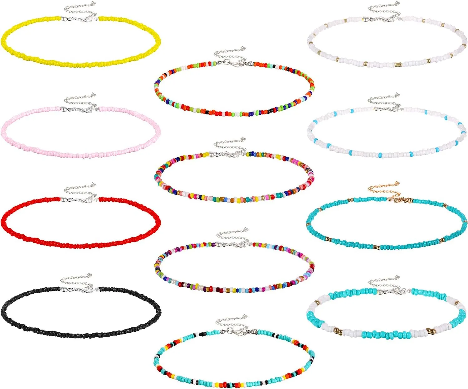Hicarer 12 Pieces Boho Seed Bead Choker Necklace Colorful Bead Necklaces Rainbow Beach Choker Necklaces for Women