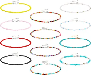 Hicarer 12 Pieces Boho Seed Bead Choker Necklace Colorful Bead Necklaces Rainbow Beach Choker Necklaces for Women