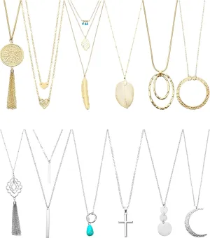 Hicarer 12 Pieces Long Pendant Necklace Set Y Tassel Leaf Circle Bar Necklace for Women