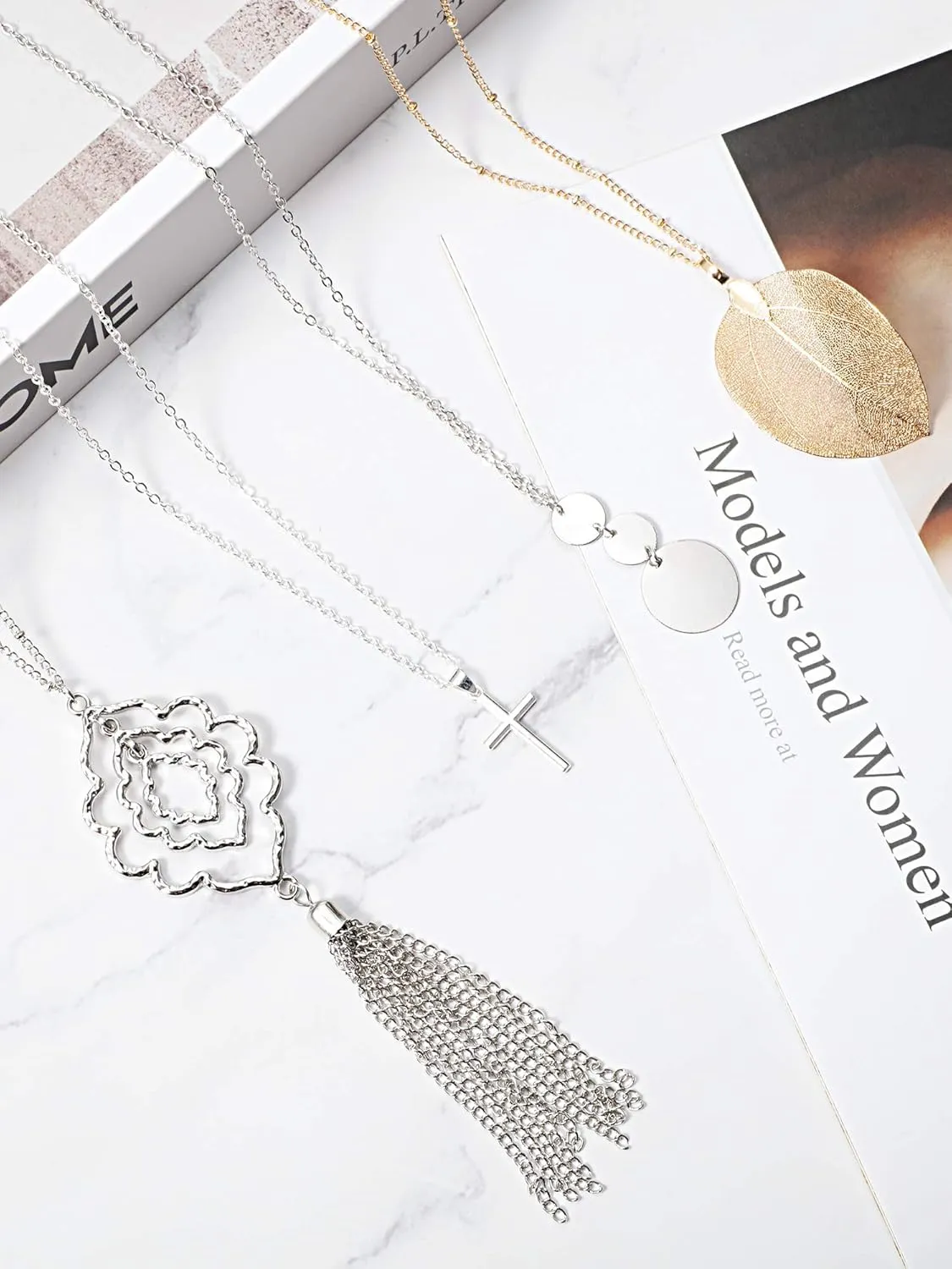 Hicarer 12 Pieces Long Pendant Necklace Set Y Tassel Leaf Circle Bar Necklace for Women