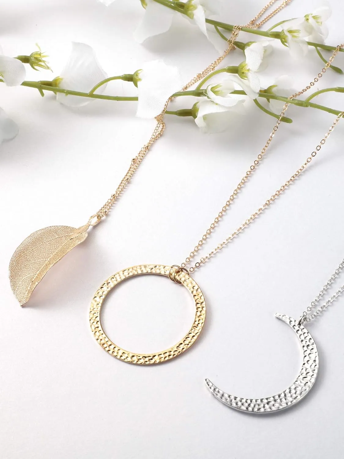 Hicarer 12 Pieces Long Pendant Necklace Set Y Tassel Leaf Circle Bar Necklace for Women
