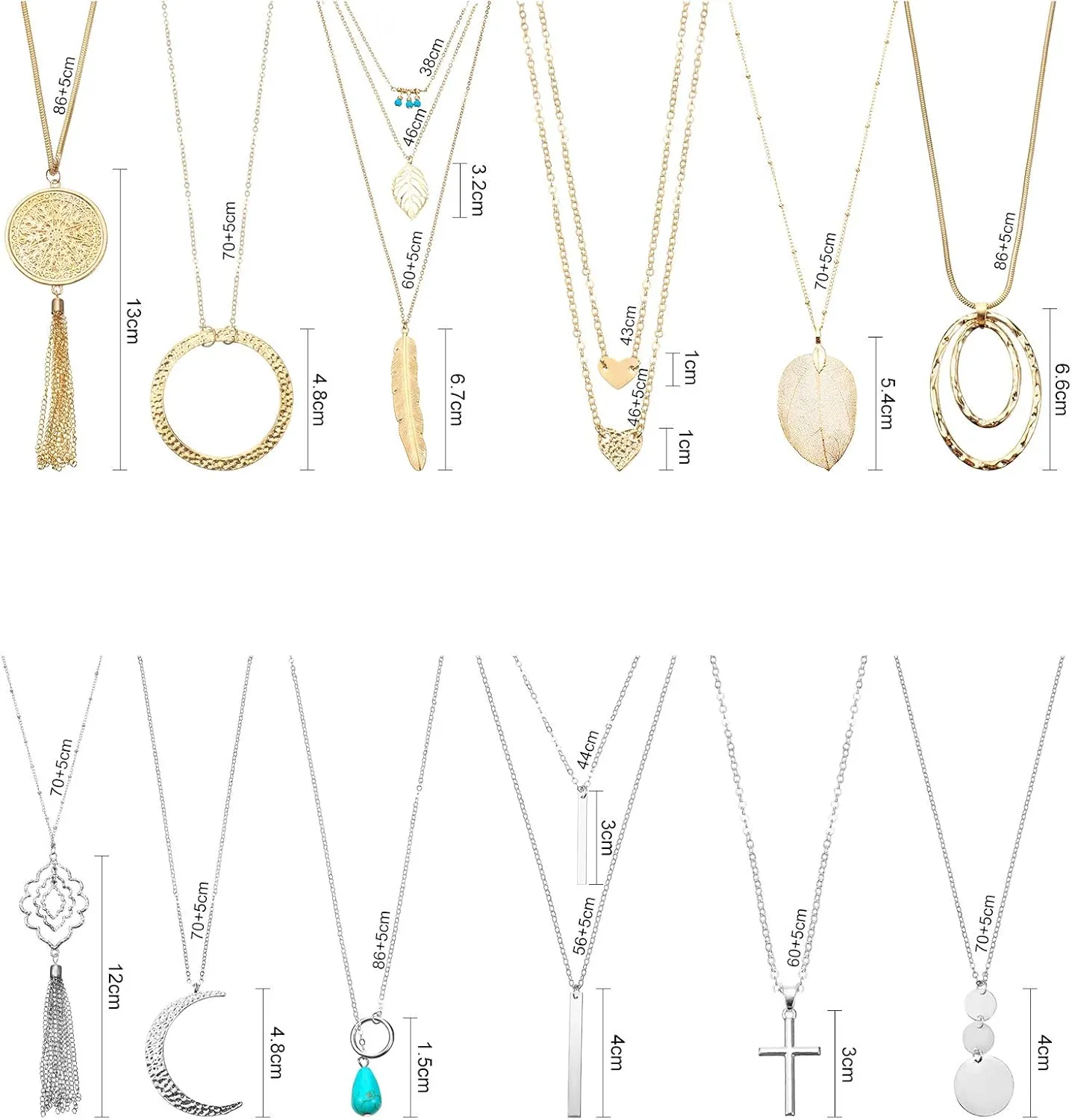 Hicarer 12 Pieces Long Pendant Necklace Set Y Tassel Leaf Circle Bar Necklace for Women