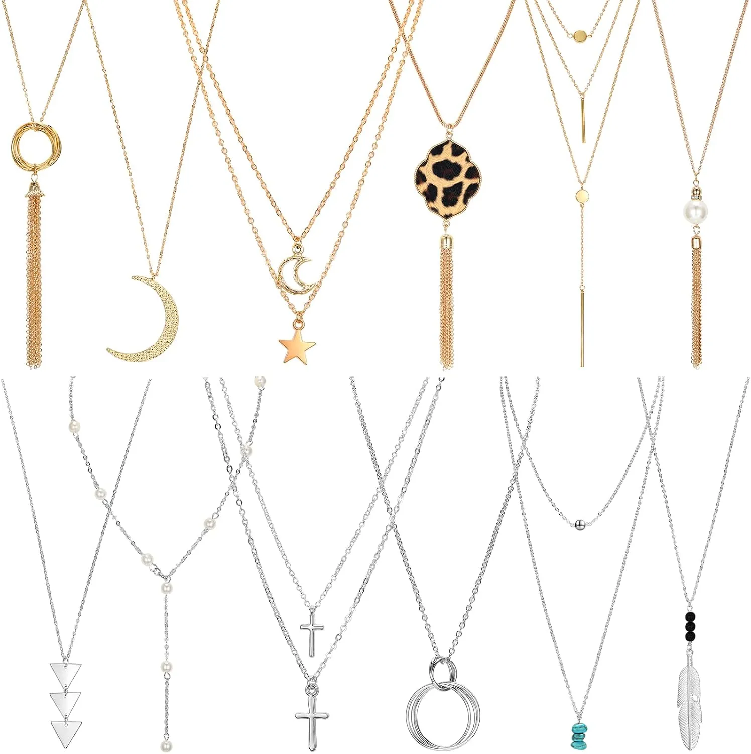 Hicarer 12 Pieces Long Pendant Necklace Set Y Tassel Leaf Circle Bar Necklace for Women