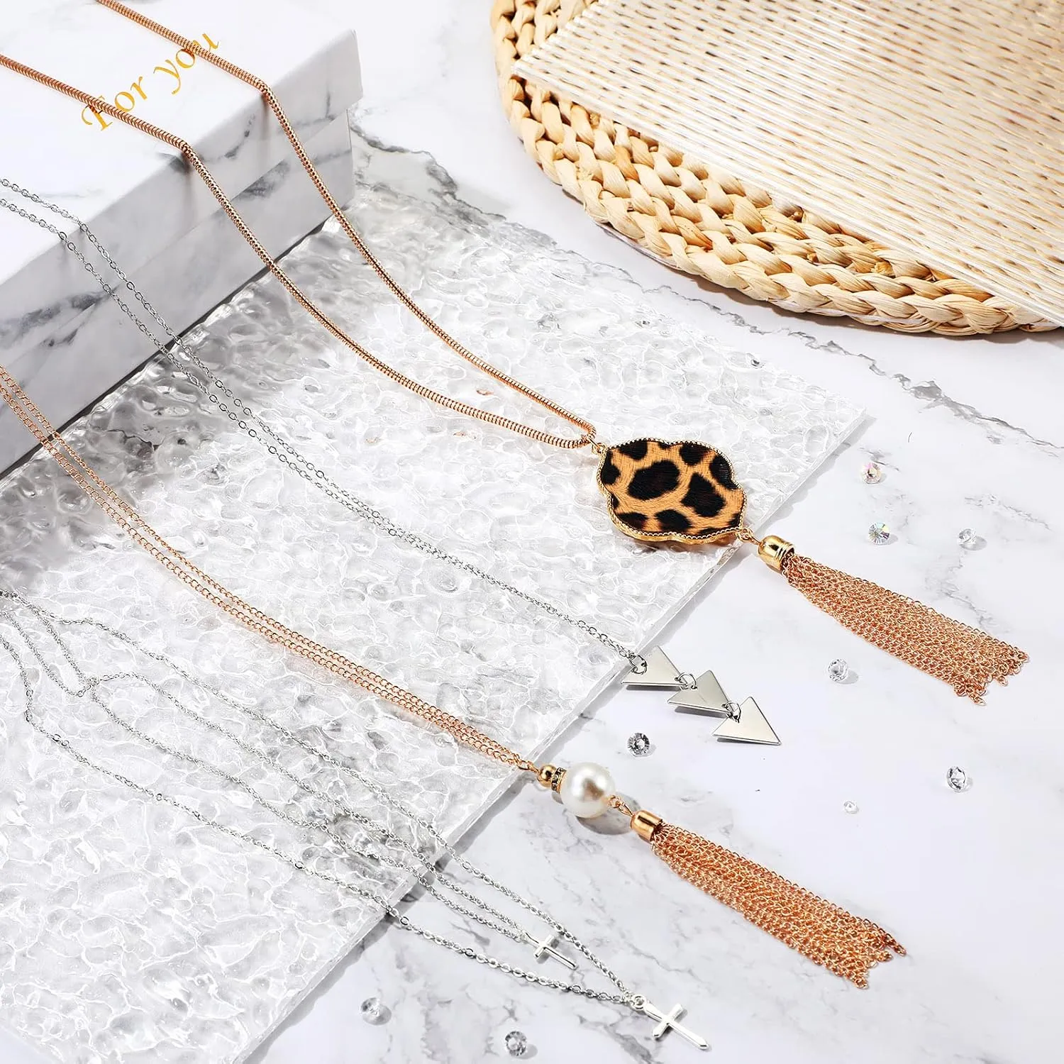 Hicarer 12 Pieces Long Pendant Necklace Set Y Tassel Leaf Circle Bar Necklace for Women