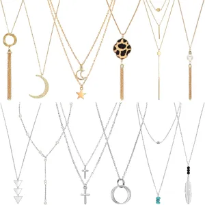 Hicarer 12 Pieces Long Pendant Necklace Set Y Tassel Leaf Circle Bar Necklace for Women