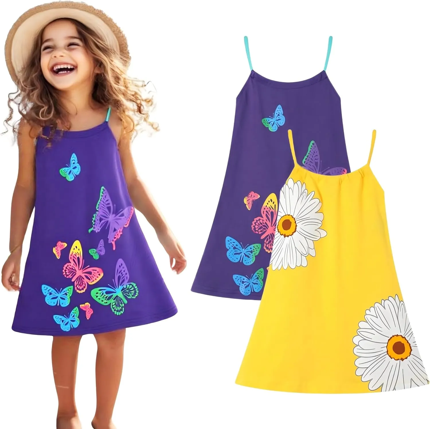 HILEELANG Girl Summer Cami Dress Sleeveless Tank Cotton Casual Spaghetti Strap Jersey Shirt Cool Beach Sundress
