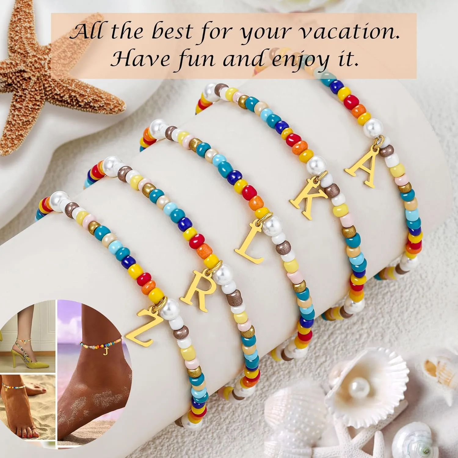 Initial Ankle Bracelets for Women Boho Beaded Anklet Bracelet Gifts for Teen Girls Coloful Bead Letter Gold Plated Charm A-Z Engraved Stretch Summer Beach Birthday Christmas Jewelry for Girlfriend Sister Daughter