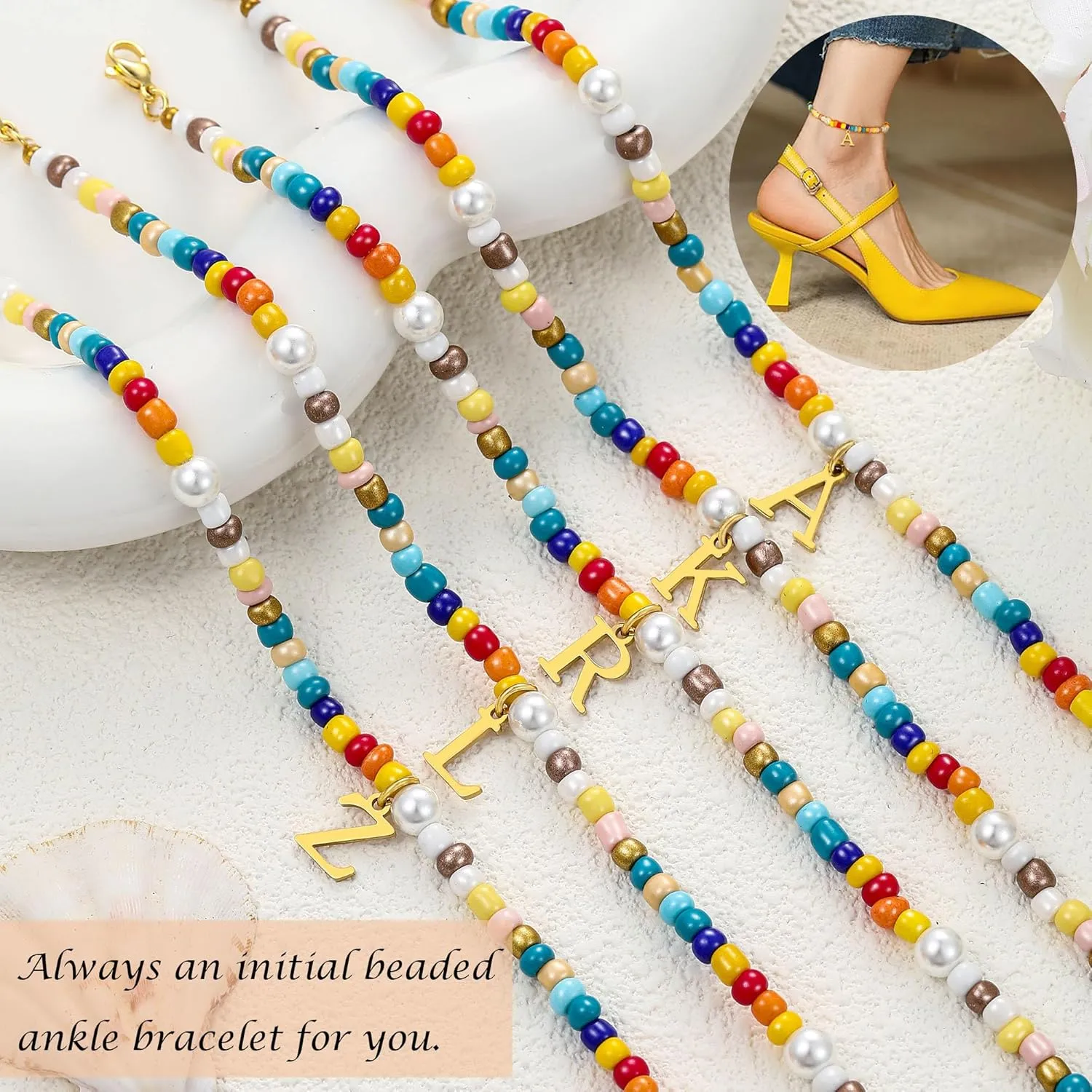 Initial Ankle Bracelets for Women Boho Beaded Anklet Bracelet Gifts for Teen Girls Coloful Bead Letter Gold Plated Charm A-Z Engraved Stretch Summer Beach Birthday Christmas Jewelry for Girlfriend Sister Daughter