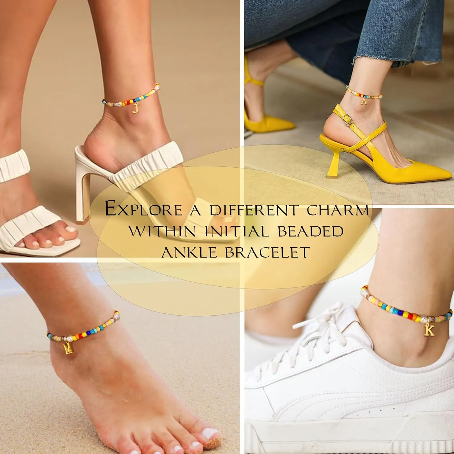 Initial Ankle Bracelets for Women Boho Beaded Anklet Bracelet Gifts for Teen Girls Coloful Bead Letter Gold Plated Charm A-Z Engraved Stretch Summer Beach Birthday Christmas Jewelry for Girlfriend Sister Daughter