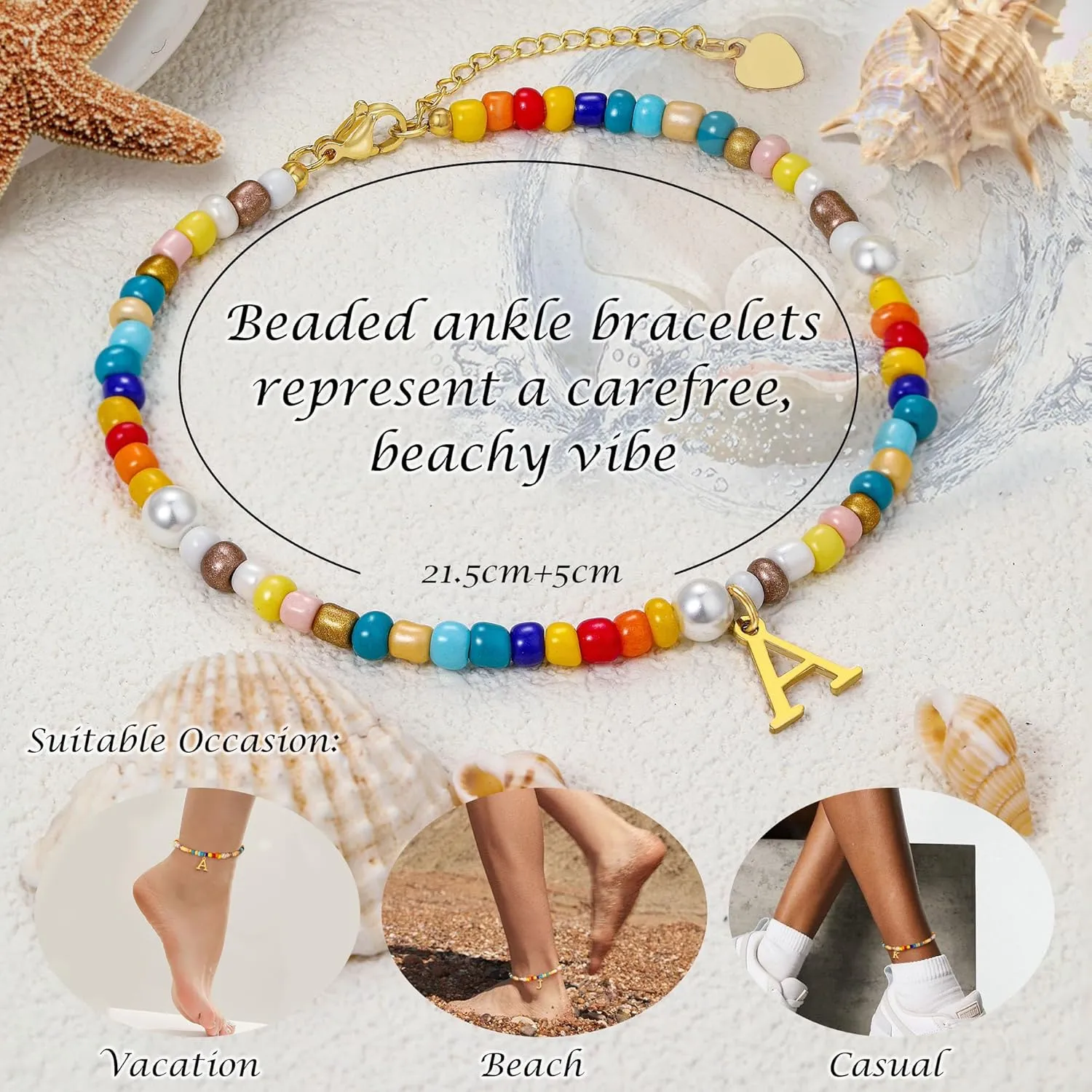 Initial Ankle Bracelets for Women Boho Beaded Anklet Bracelet Gifts for Teen Girls Coloful Bead Letter Gold Plated Charm A-Z Engraved Stretch Summer Beach Birthday Christmas Jewelry for Girlfriend Sister Daughter