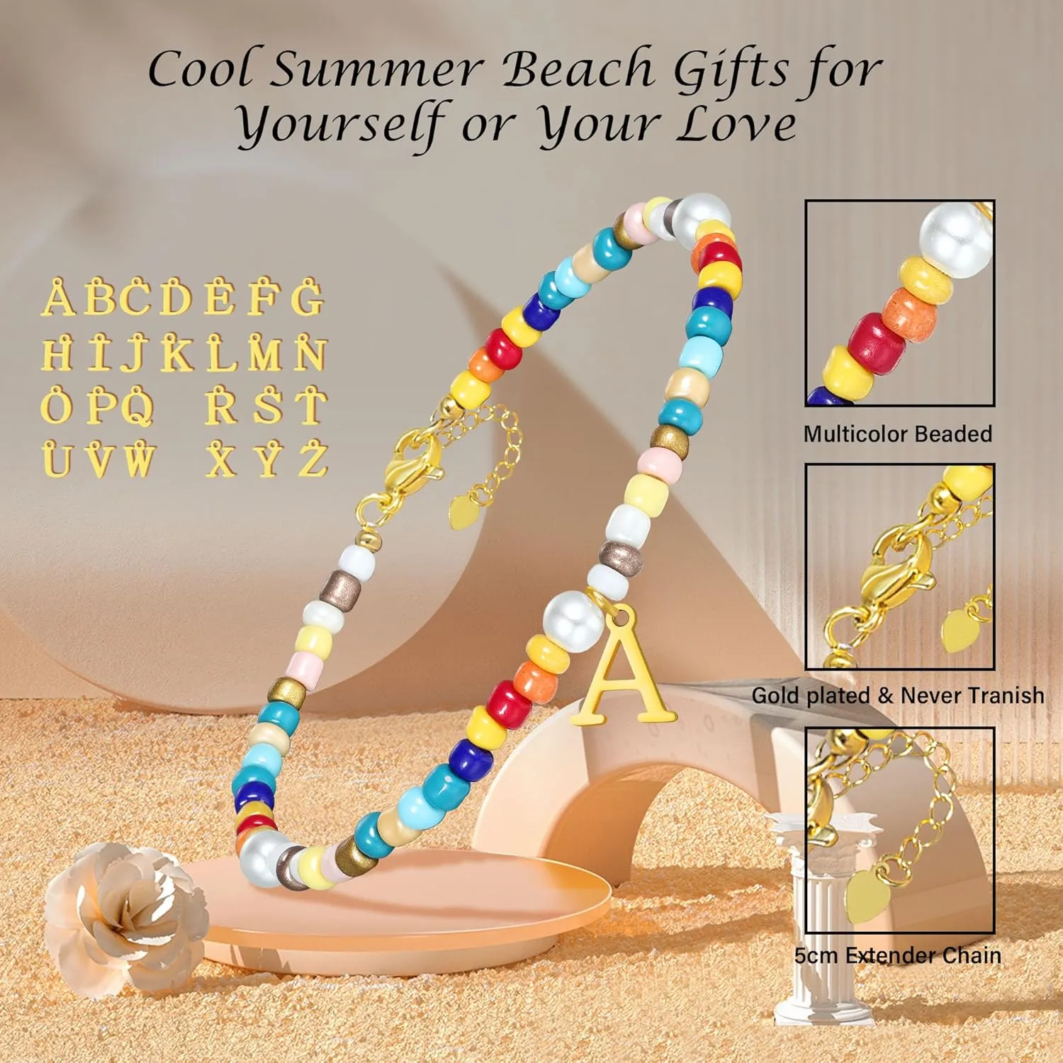 Initial Ankle Bracelets for Women Boho Beaded Anklet Bracelet Gifts for Teen Girls Coloful Bead Letter Gold Plated Charm A-Z Engraved Stretch Summer Beach Birthday Christmas Jewelry for Girlfriend Sister Daughter