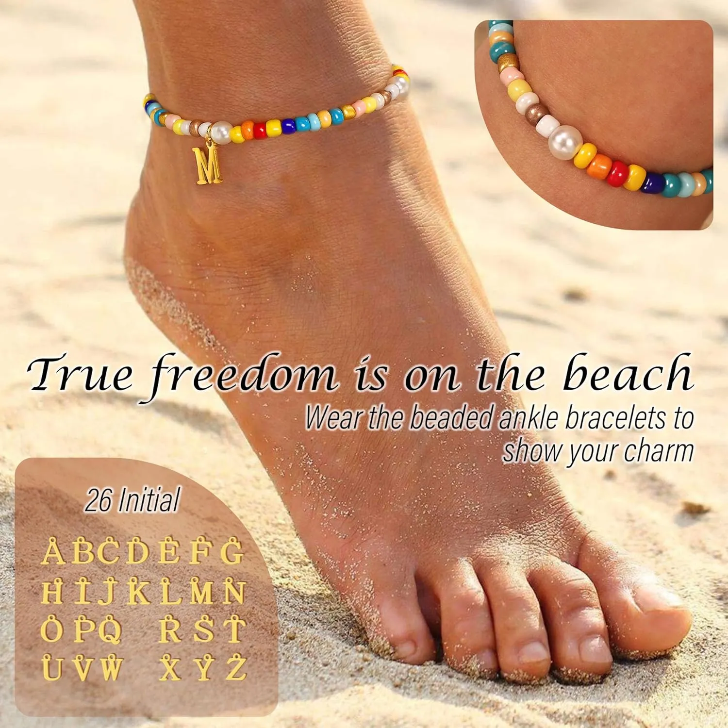 Initial Ankle Bracelets for Women Boho Beaded Anklet Bracelet Gifts for Teen Girls Coloful Bead Letter Gold Plated Charm A-Z Engraved Stretch Summer Beach Birthday Christmas Jewelry for Girlfriend Sister Daughter