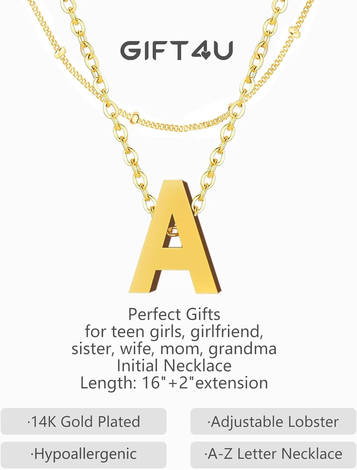 Initial Necklaces for Women, Layered 18K Gold Plated Letter A-Z Initial Necklace, Dainty Gold Name Jewelry, Gifts for Women