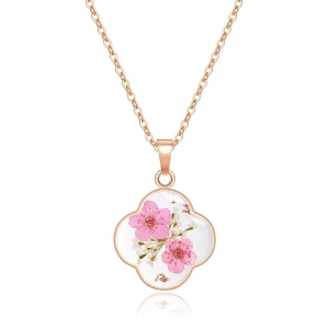 Jayden Four Leaf Clover Necklace for Women - Daffodil and Queen Anne's Lace Pressed Flower Necklace,Handmade Boho Jewelry,Lucky Clover Pendant - Rose Gold | 18"