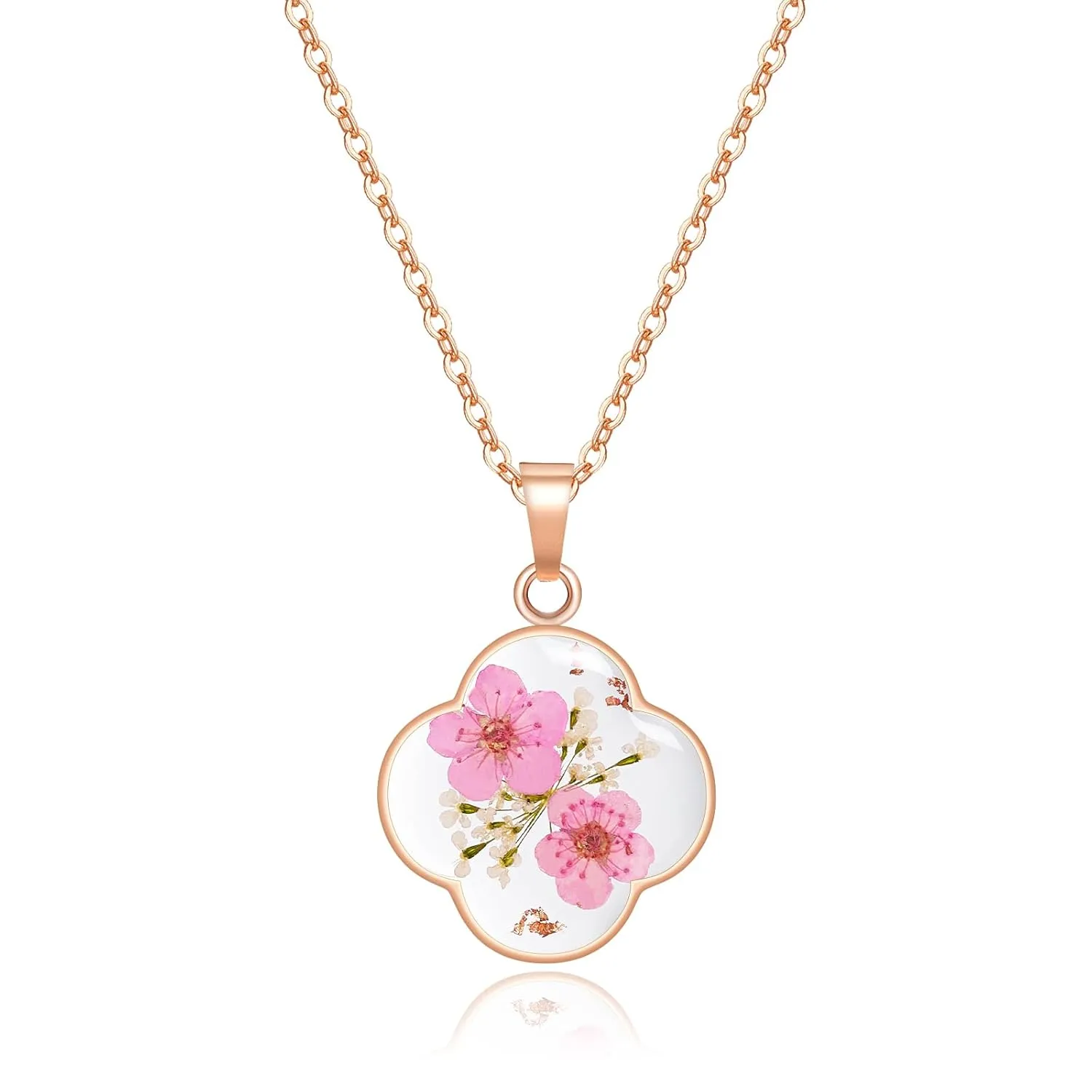 Jayden Four Leaf Clover Necklace for Women - Daffodil and Queen Anne's Lace Pressed Flower Necklace,Handmade Boho Jewelry,Lucky Clover Pendant - Rose Gold | 18"