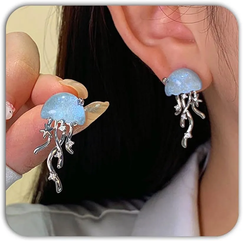Jellyfish Earrings for Women Trendy Colorful Acrylic Jellyfish Earrings Silver Long Chain Tassel Earrings Vacation Ocean Beach Earrings Summer Earrings for Women 2024