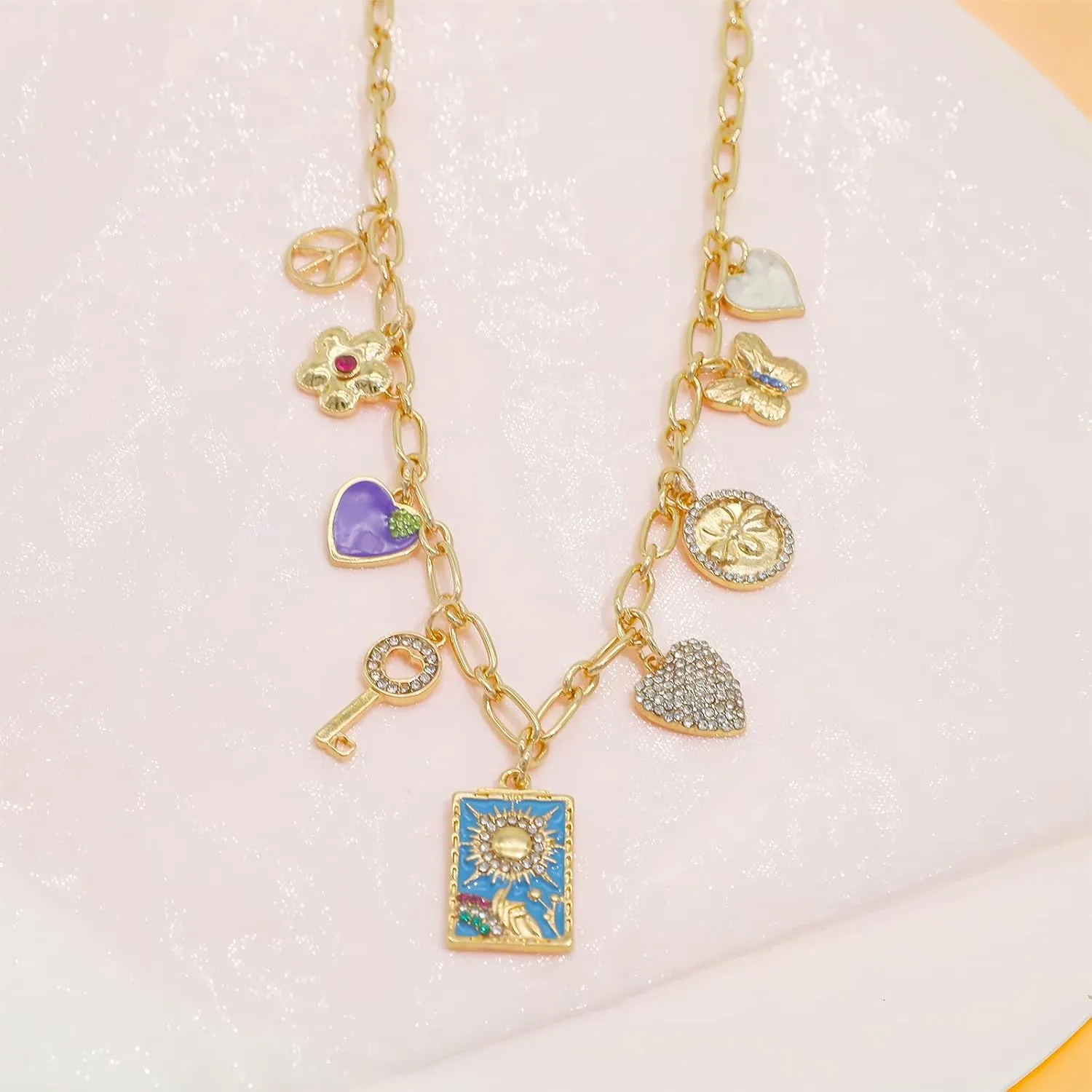 JNF Cute Boho Charm Necklace for Women Paperclip Chain Necklace Sun Moon Star Coin Heart Flower Boot Boho Bow Charms Necklaces