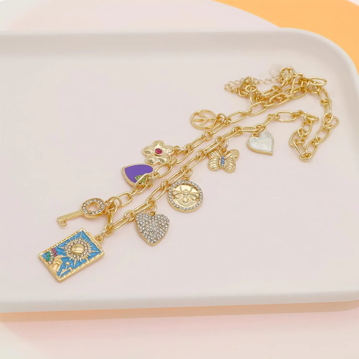 JNF Cute Boho Charm Necklace for Women Paperclip Chain Necklace Sun Moon Star Coin Heart Flower Boot Boho Bow Charms Necklaces
