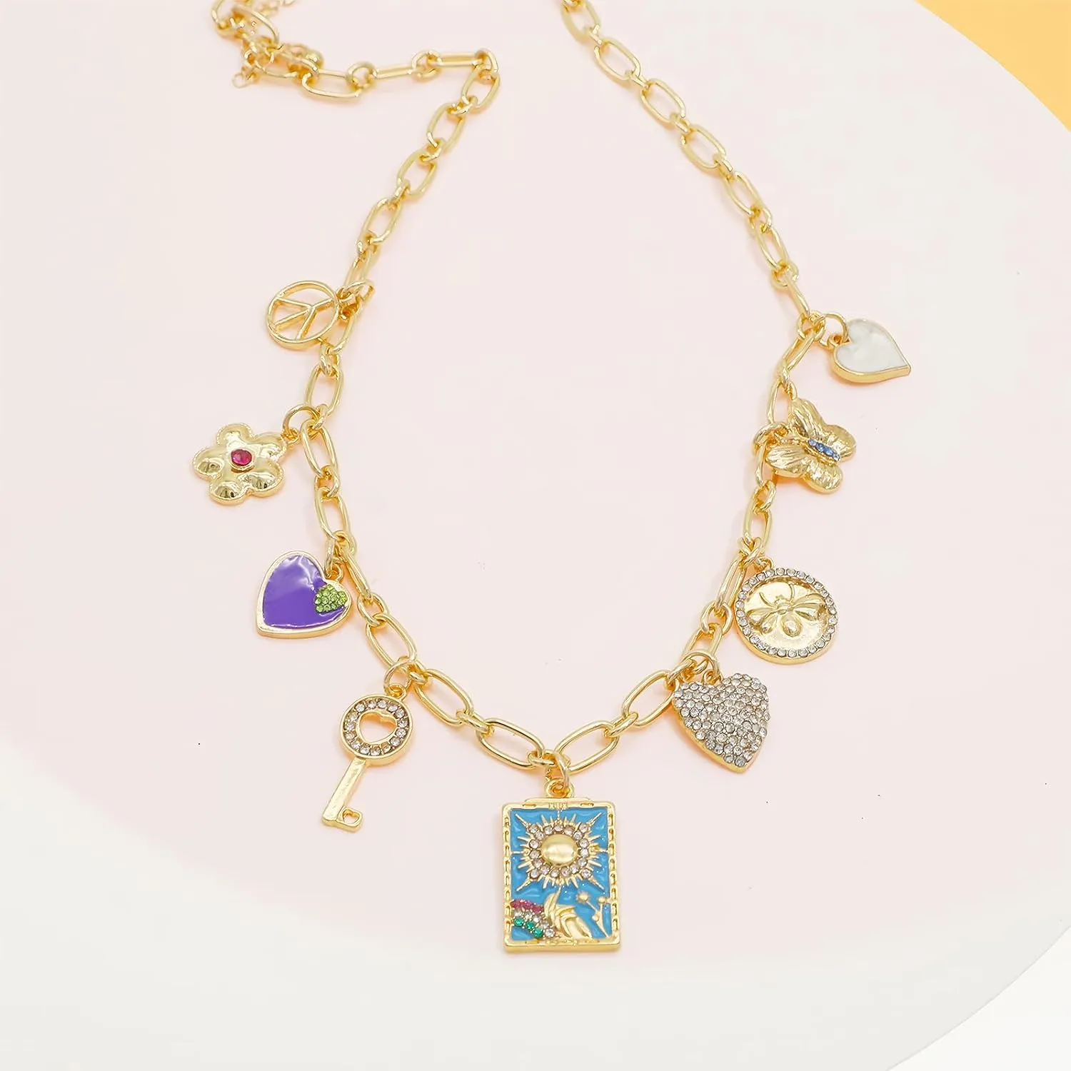 JNF Cute Boho Charm Necklace for Women Paperclip Chain Necklace Sun Moon Star Coin Heart Flower Boot Boho Bow Charms Necklaces