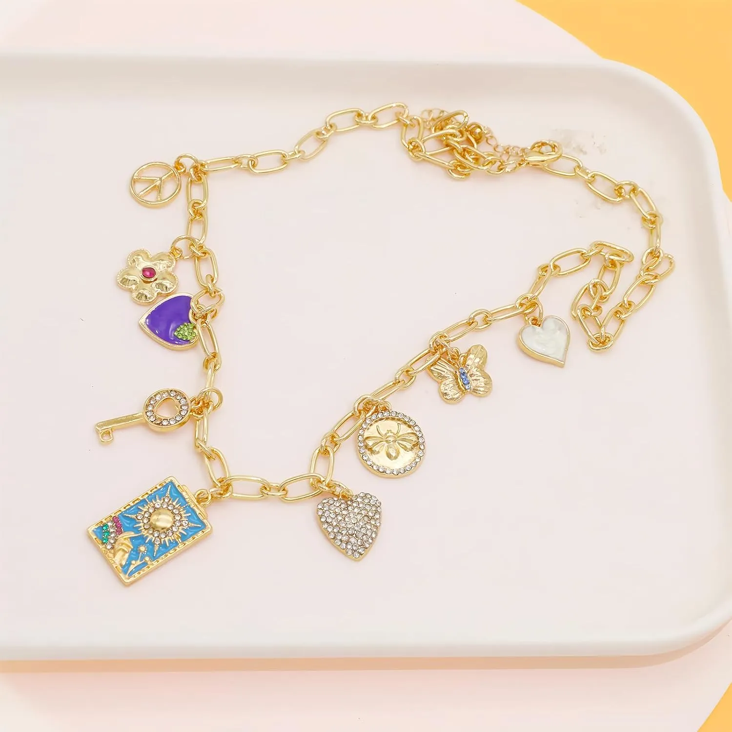 JNF Cute Boho Charm Necklace for Women Paperclip Chain Necklace Sun Moon Star Coin Heart Flower Boot Boho Bow Charms Necklaces