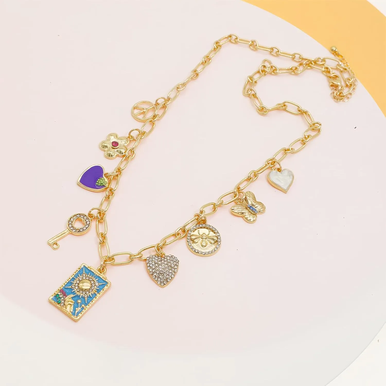 JNF Cute Boho Charm Necklace for Women Paperclip Chain Necklace Sun Moon Star Coin Heart Flower Boot Boho Bow Charms Necklaces