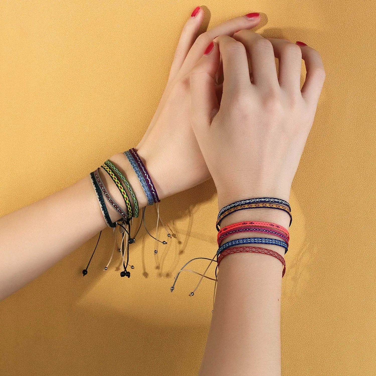 KELITCH Bohemian Friendship Bracelets Stack Silk Adjustable Bracelets Handmade Wax Rope Wrap Bracelets