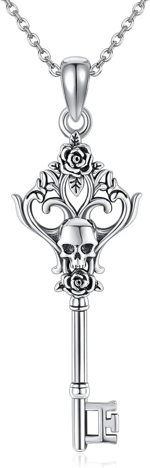 Key Necklace 925 Sterling Silver Skull Rose Key Pendant Necklace Vintage Key Jewelry for Women
