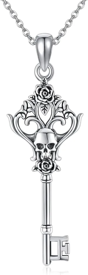 Key Necklace 925 Sterling Silver Skull Rose Key Pendant Necklace Vintage Key Jewelry for Women