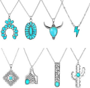 Kigeli 8 Pcs Turquoise Necklaces for Women Western Necklaces Jewelry Gift Bohemian Turquoise Pendant for Women