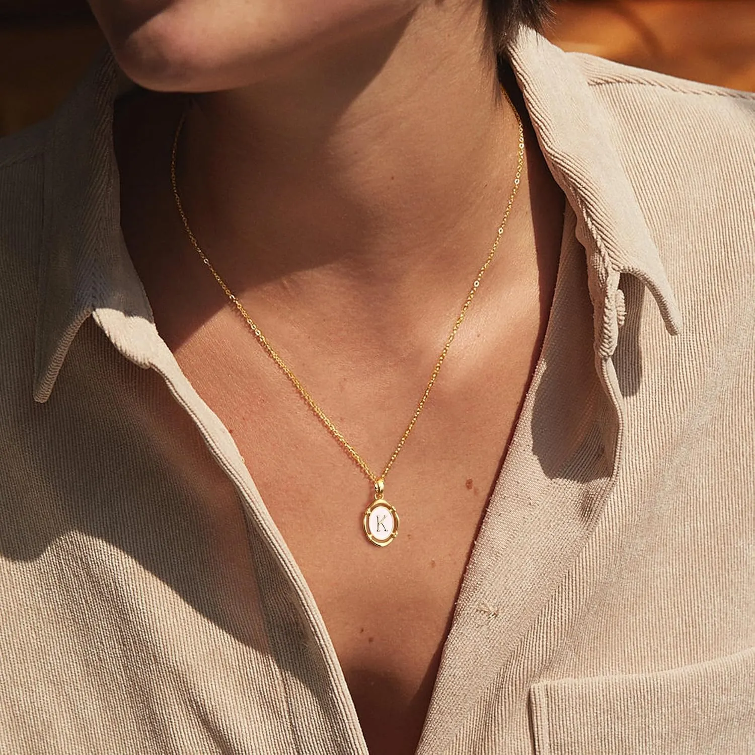 Krfy Initial Necklaces for Women - Dainty Gold Charm Necklaces 14K Gold Plated Oval Letter White Enamel Personalized Name Necklaces for Women Trendy Gold Necklace Jewelry