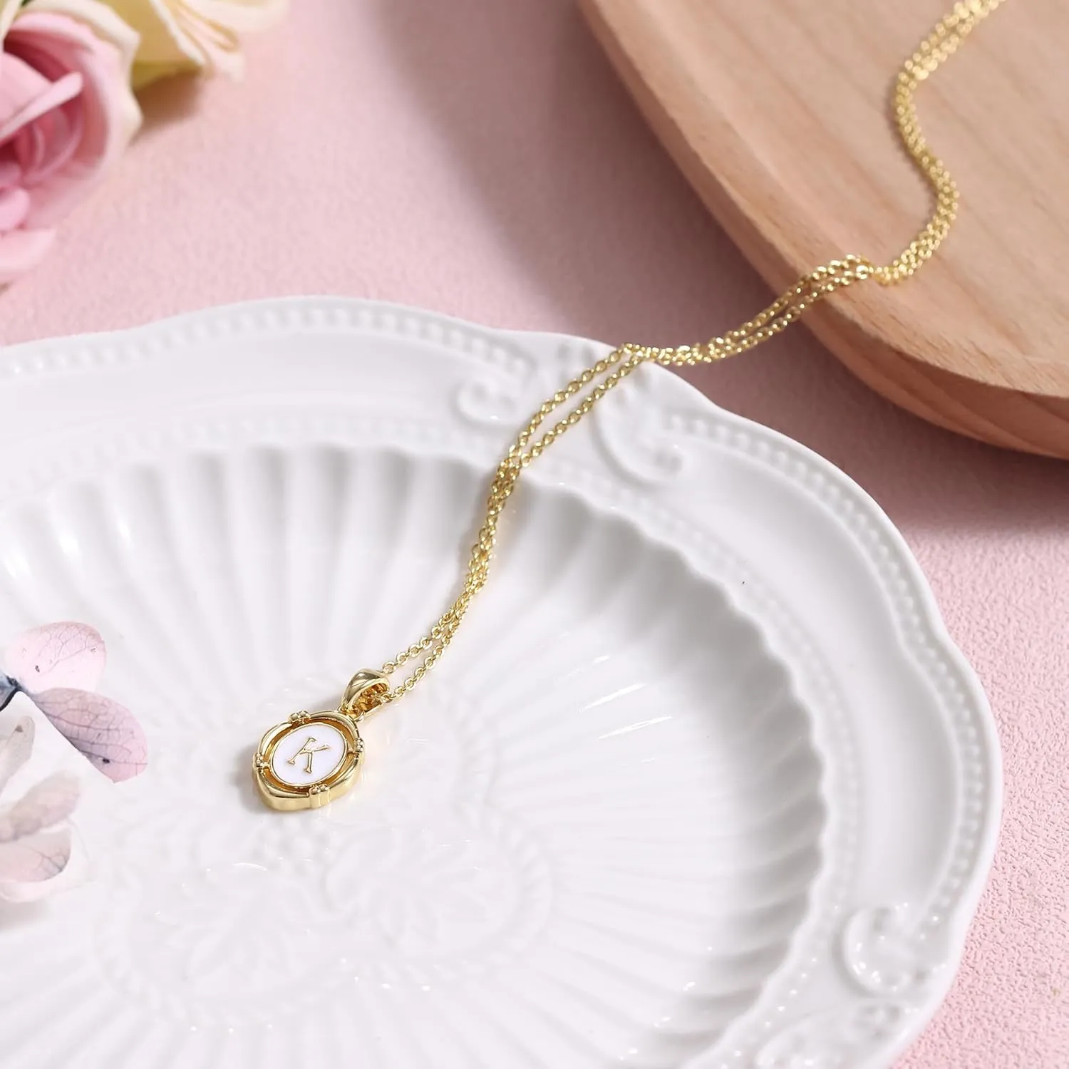 Krfy Initial Necklaces for Women - Dainty Gold Charm Necklaces 14K Gold Plated Oval Letter White Enamel Personalized Name Necklaces for Women Trendy Gold Necklace Jewelry