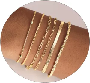 Kyerlyn Dainty Gold Bracelets for Women 14K Gold Plated Bracelet Stack Trendy Waterproof Bracelet Adjustable Layered Metal Link Bracelet Set Minimalist Fashion Jewelry