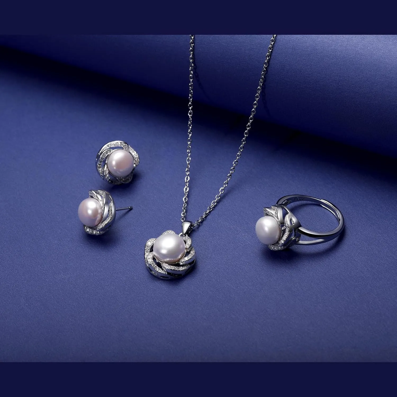 la luen Pearl Necklace Set,S925 Gold/Silver Plated 3piece Freshwater Pearl with CZ Diamond Necklace Stud Earrings Ring Jewelry for Women Mom Brides Bridesmaids