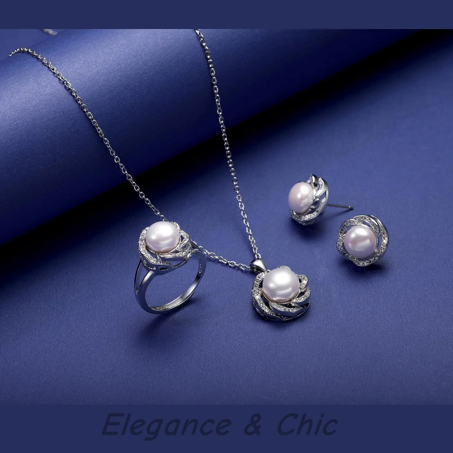 la luen Pearl Necklace Set,S925 Gold/Silver Plated 3piece Freshwater Pearl with CZ Diamond Necklace Stud Earrings Ring Jewelry for Women Mom Brides Bridesmaids