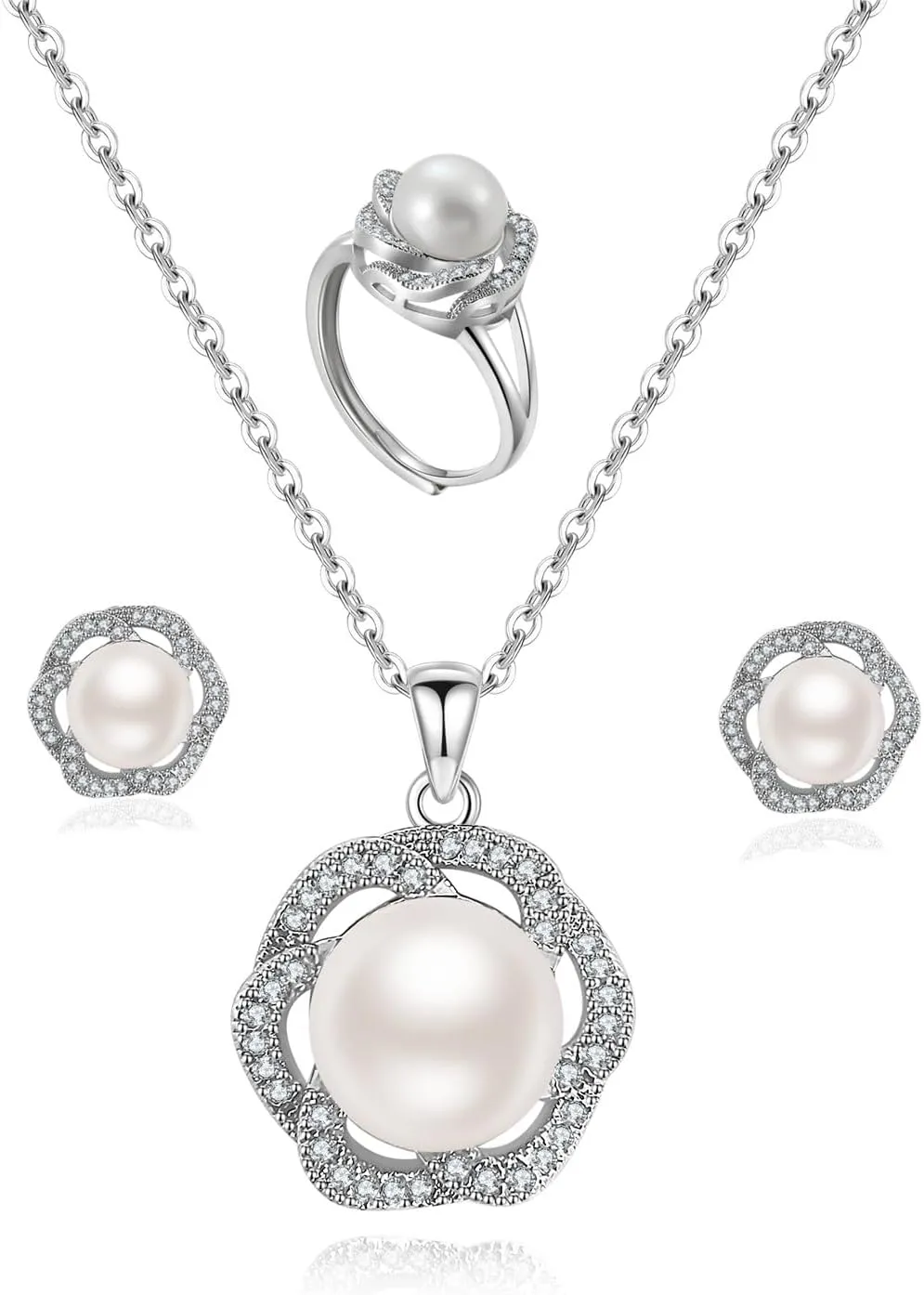 la luen Pearl Necklace Set,S925 Gold/Silver Plated 3piece Freshwater Pearl with CZ Diamond Necklace Stud Earrings Ring Jewelry for Women Mom Brides Bridesmaids