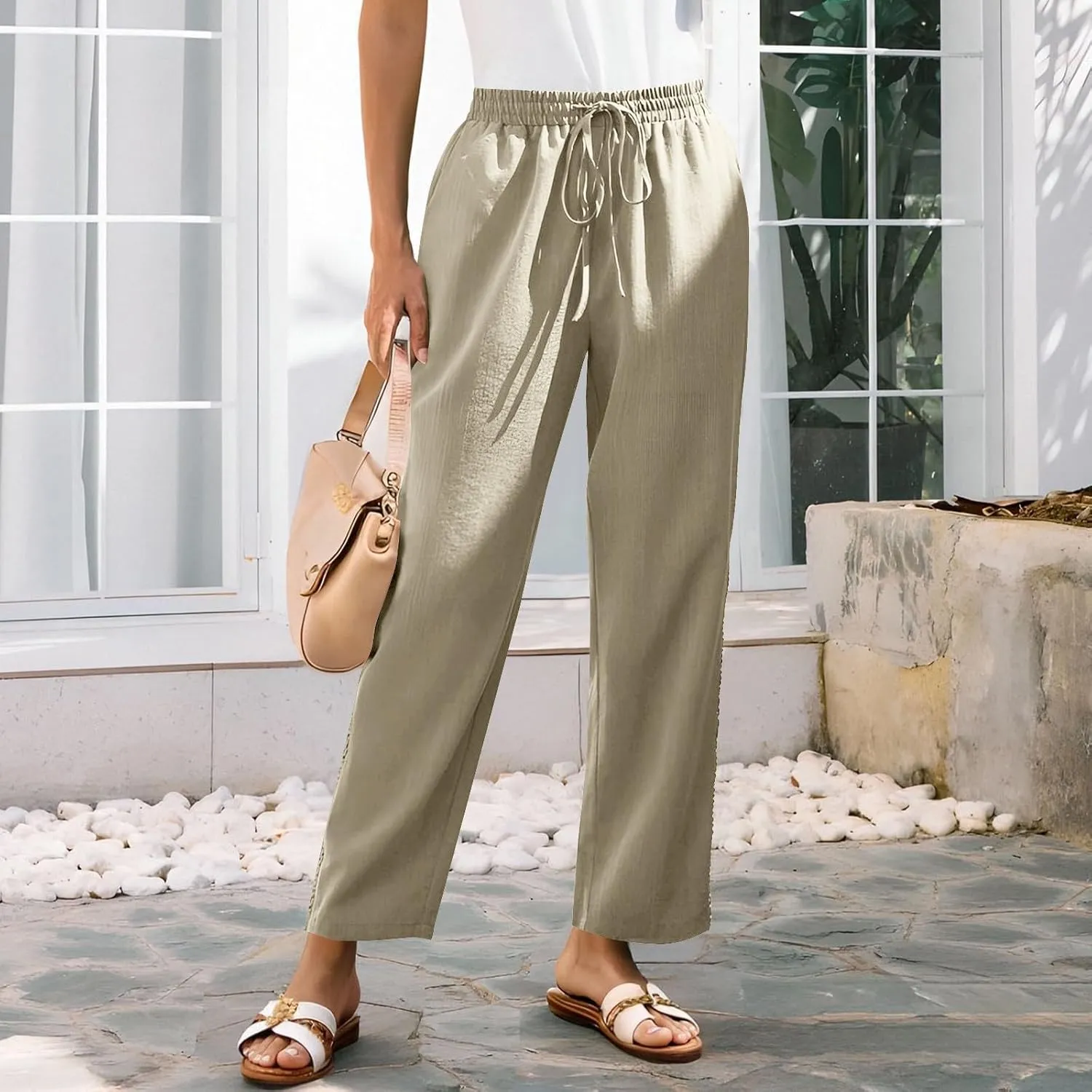 Lace Trim Linen Pants for Women High Waist Comfortable Casual Trousers with Pockets