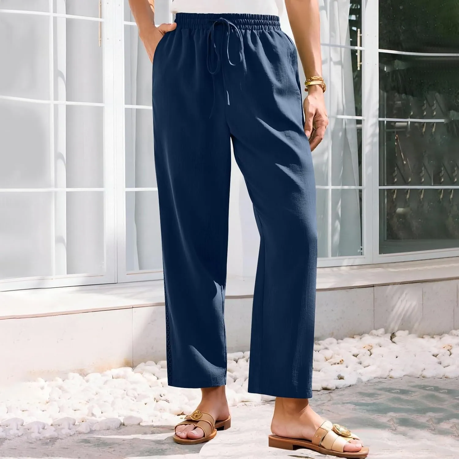 Lace Trim Linen Pants for Women High Waist Comfortable Casual Trousers with Pockets