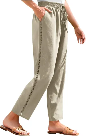 Lace Trim Linen Pants for Women High Waist Comfortable Casual Trousers with Pockets