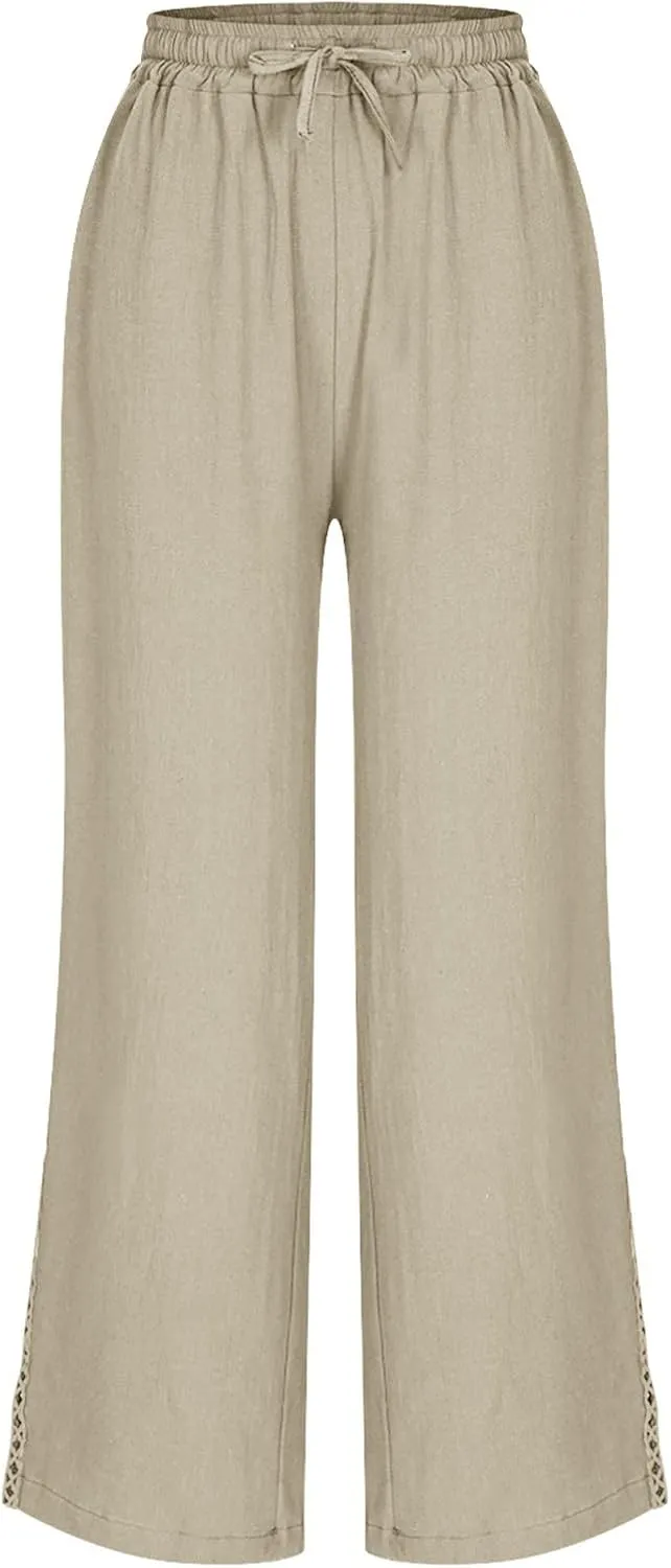 Lace Trim Linen Pants for Women High Waist Comfortable Casual Trousers with Pockets